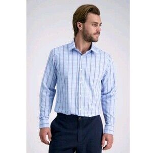 Haggar Mens Size 15-15 1/2 34/35 Blue Plaid Slim Fit LS Button Up Shirt NWT